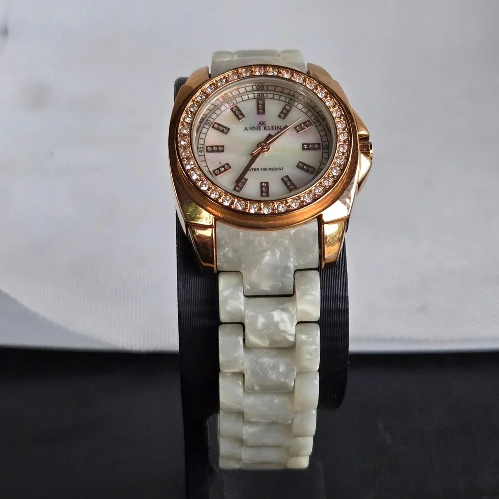 Anne Klein Women's Watch 10/9668 Rose Gold Tone White Resin Crystal Bezel 5.5